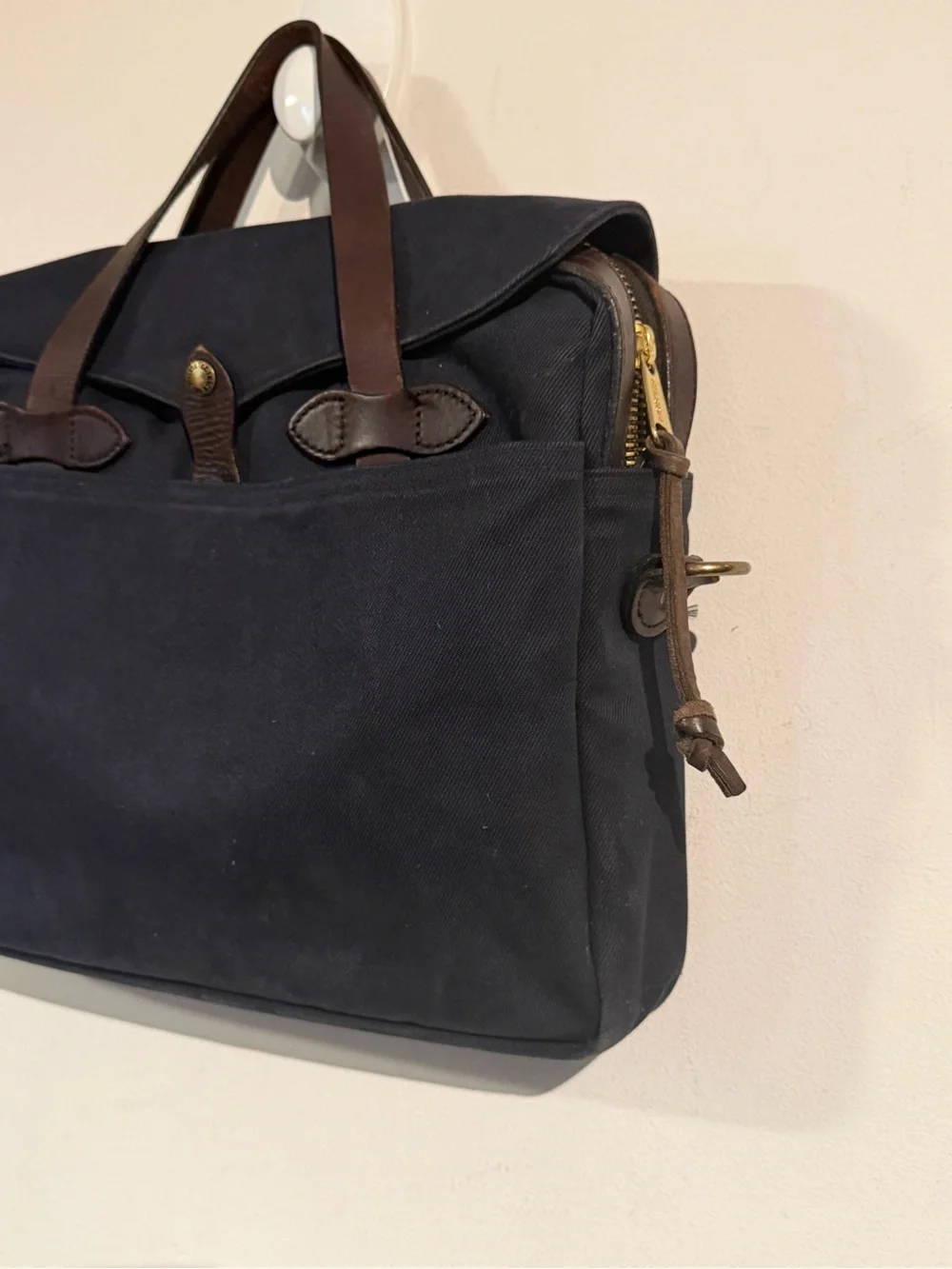 Filson Navy Canvas Briefcase with Brown Leather Handles